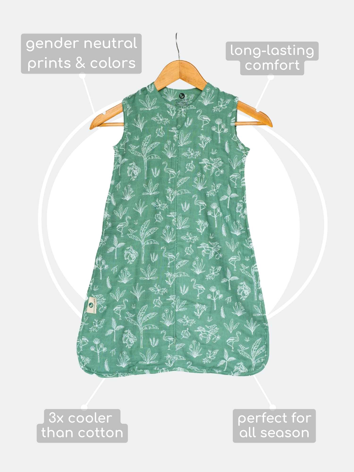 Green sleeping bag dress with floral pattern, gender neutral prints