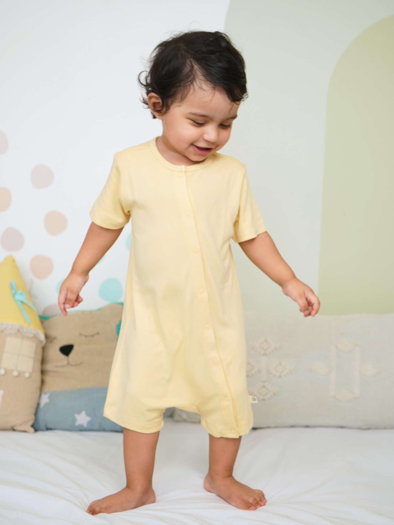 short sleeve bamboo knit romper with snap buttons