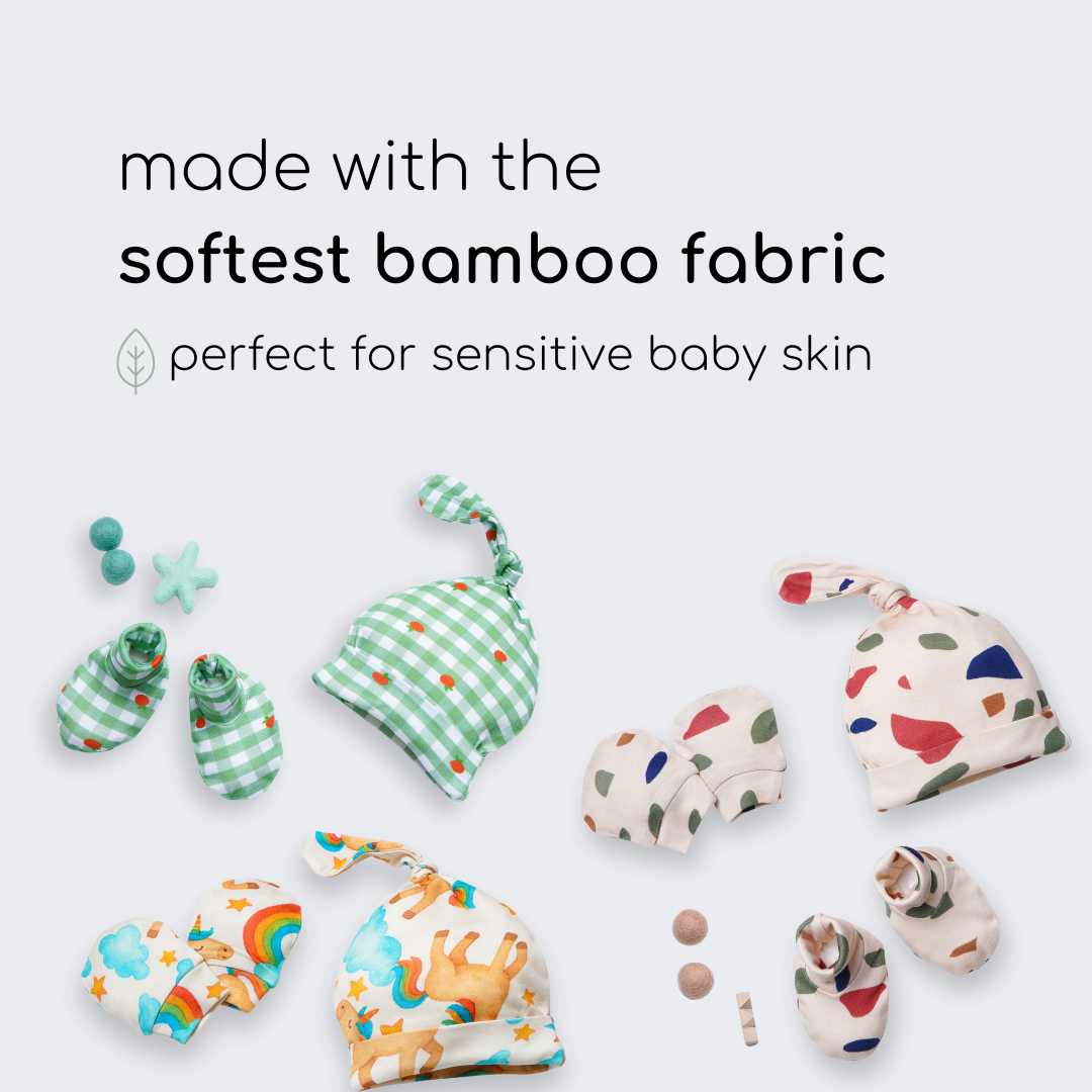 newborn baby bamboo cap mittens socks combo - prints