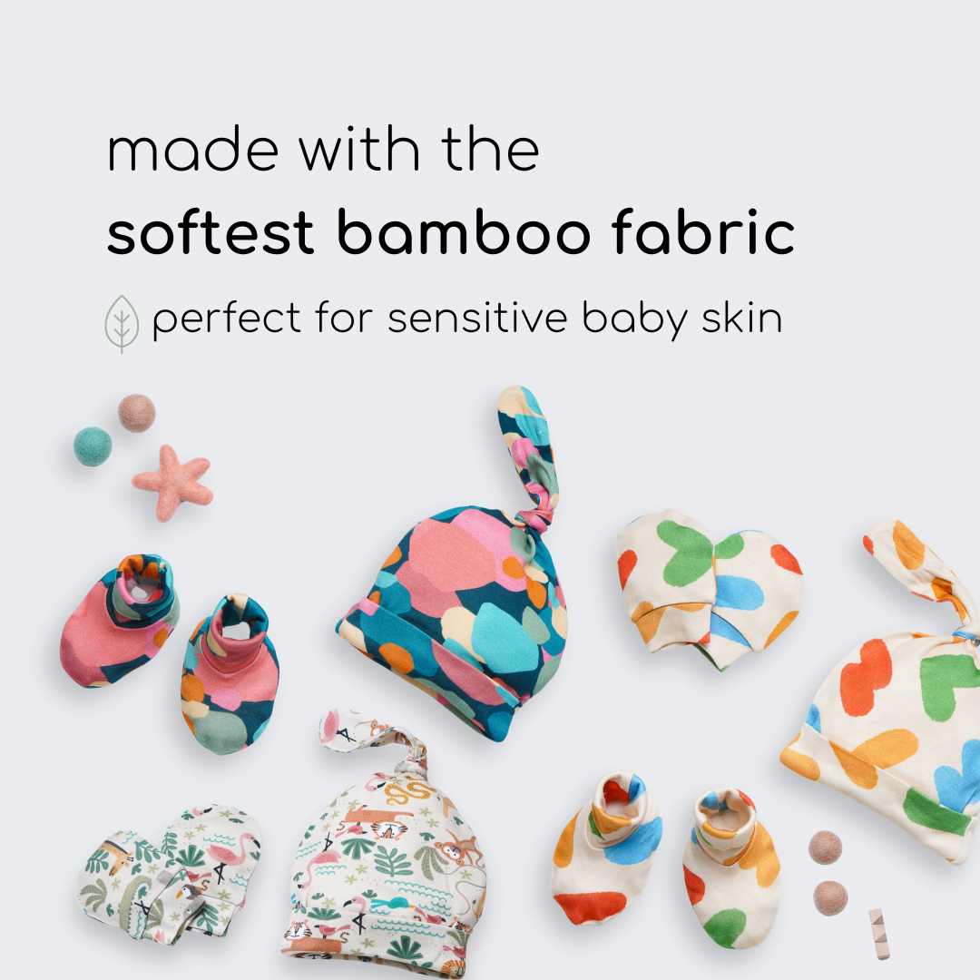 newborn baby bamboo cap mittens socks combo - prints