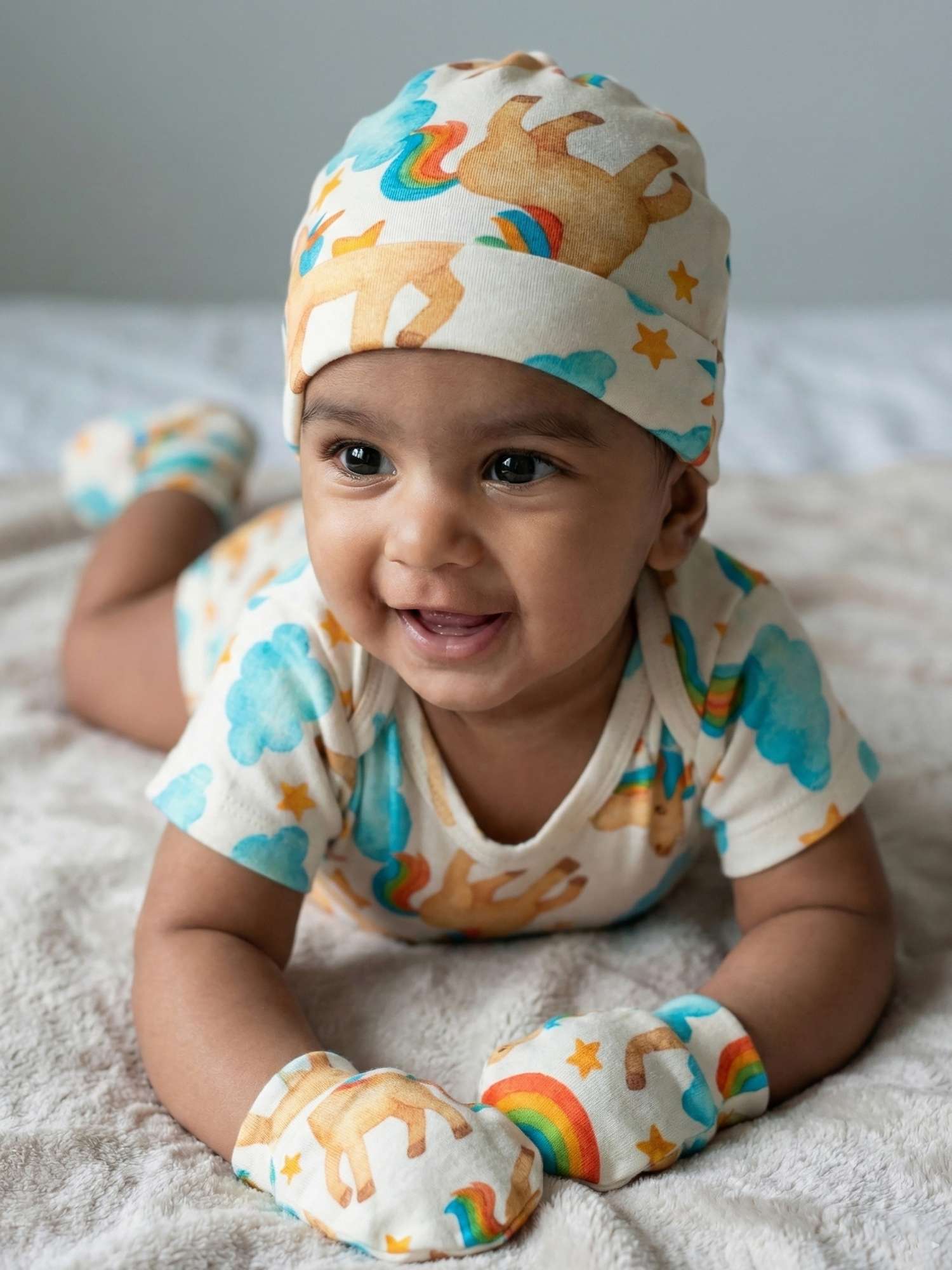 newborn baby bamboo cap mittens socks combo - prints