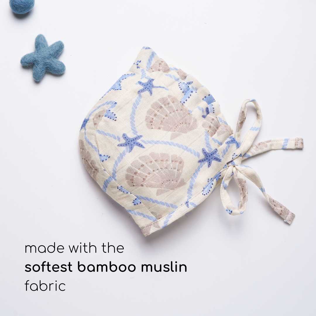 newborn bamboo muslin bonnet cap - by the sea
