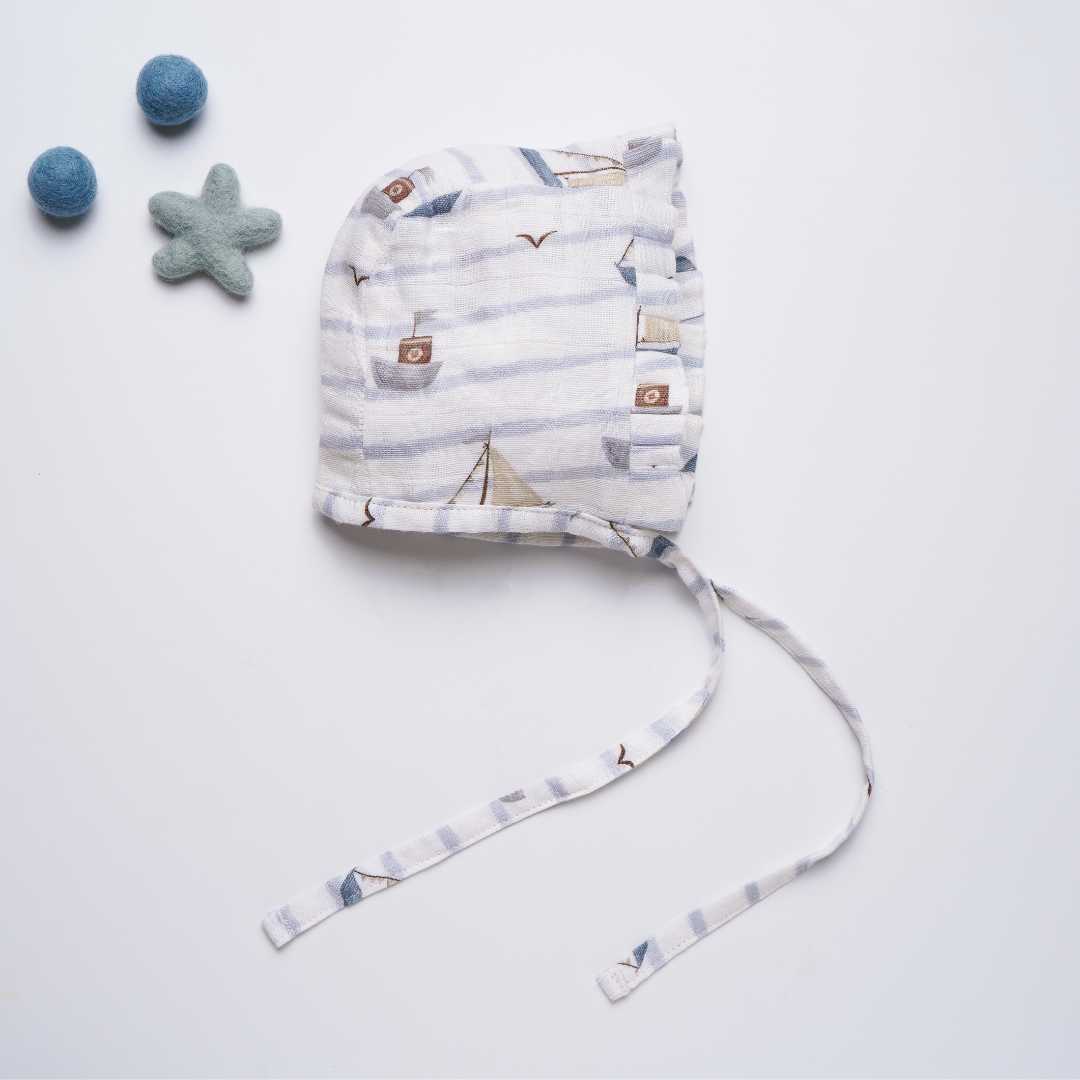 newborn bamboo muslin bonnet cap - by the sea