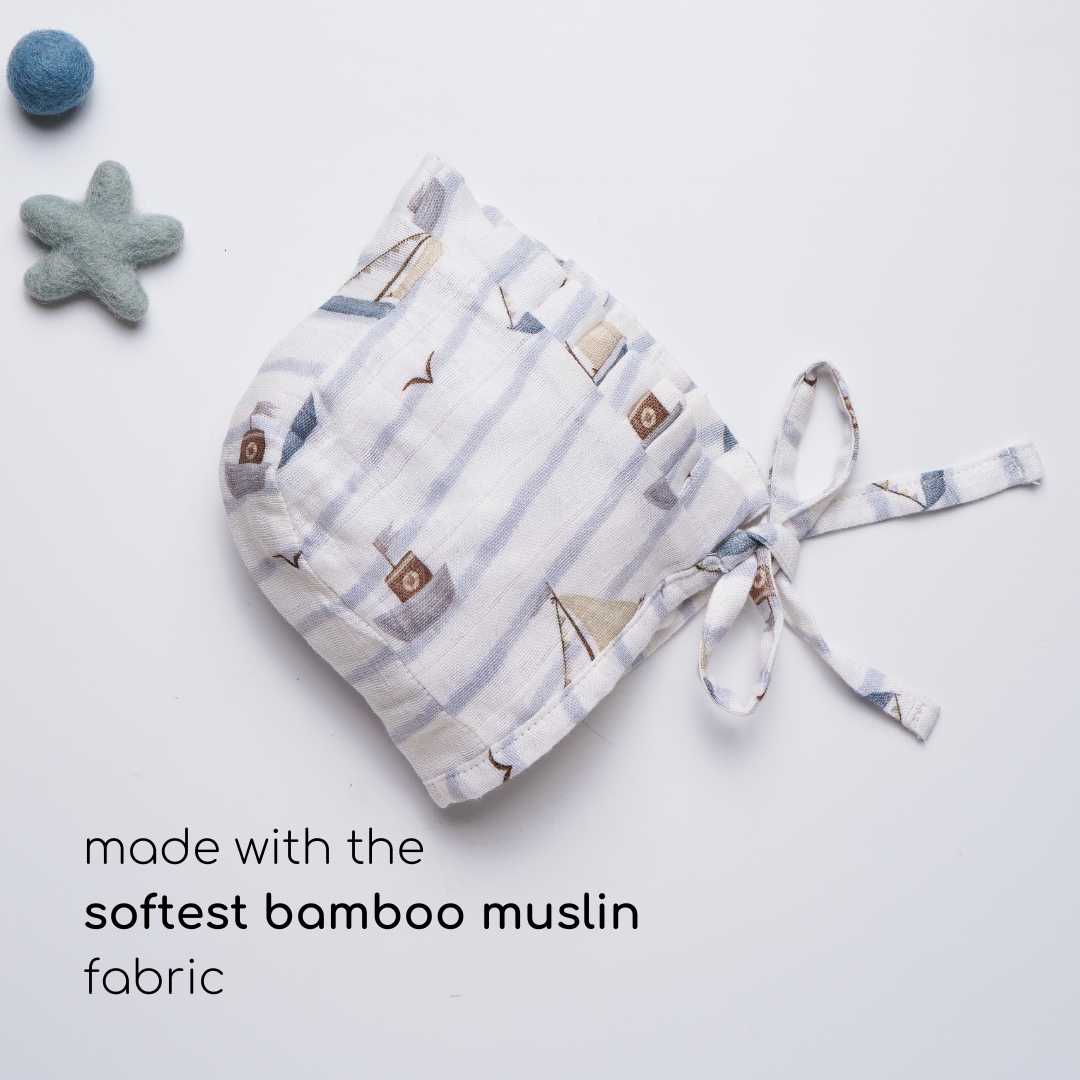 newborn bamboo muslin bonnet cap - by the sea