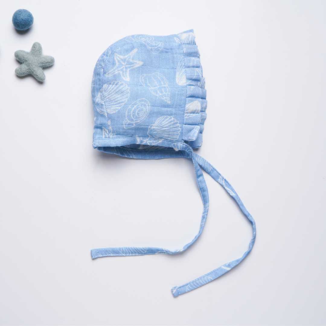 newborn bamboo muslin bonnet cap - by the sea