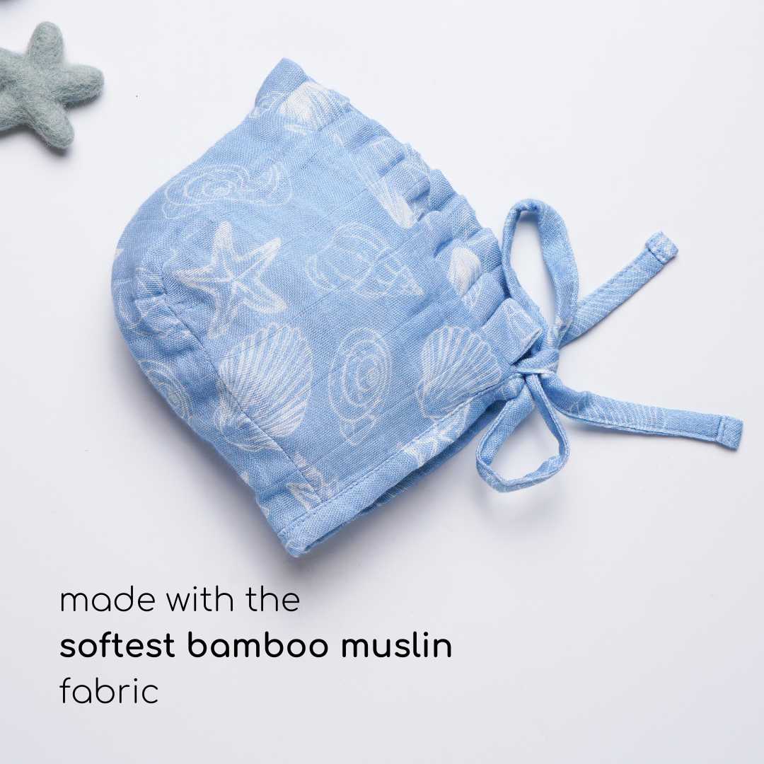 newborn bamboo muslin bonnet cap - by the sea
