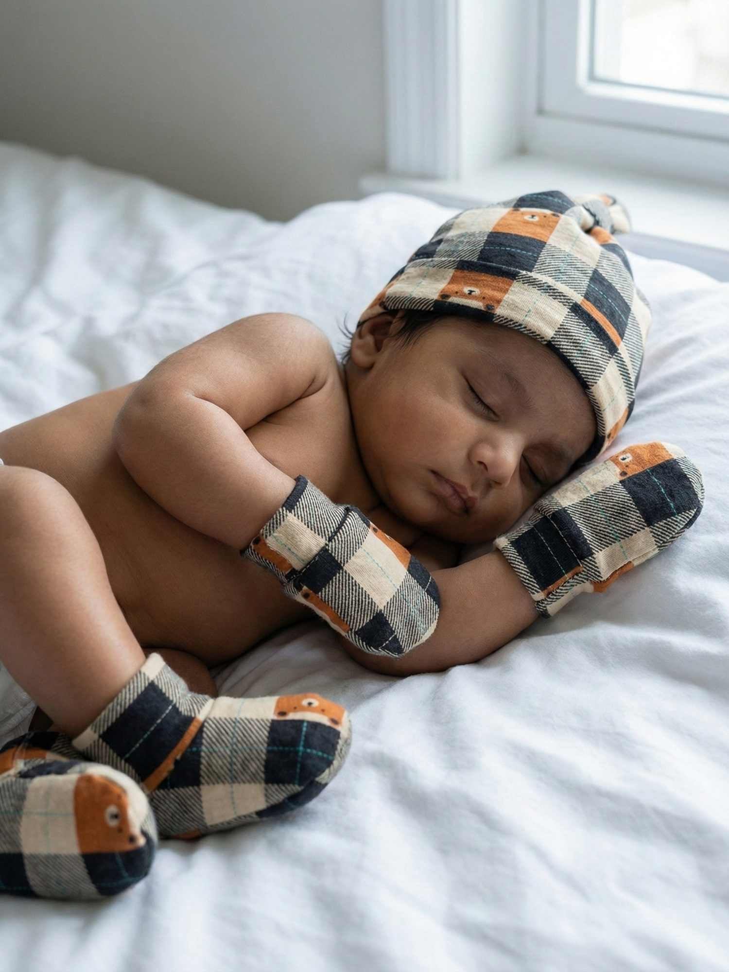 newborn baby bamboo cap mittens socks combo - prints