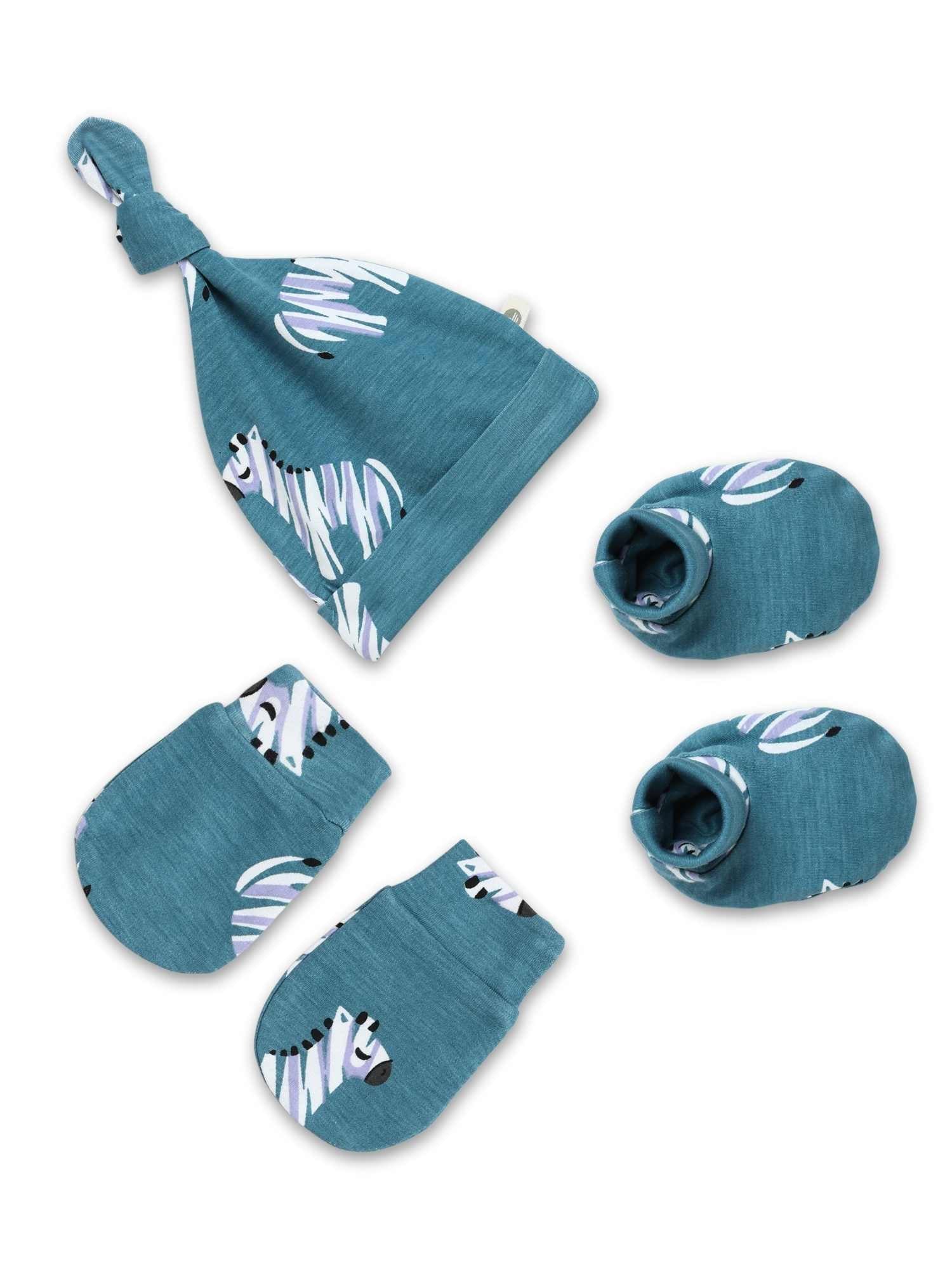 newborn baby bamboo cap mittens socks combo - prints