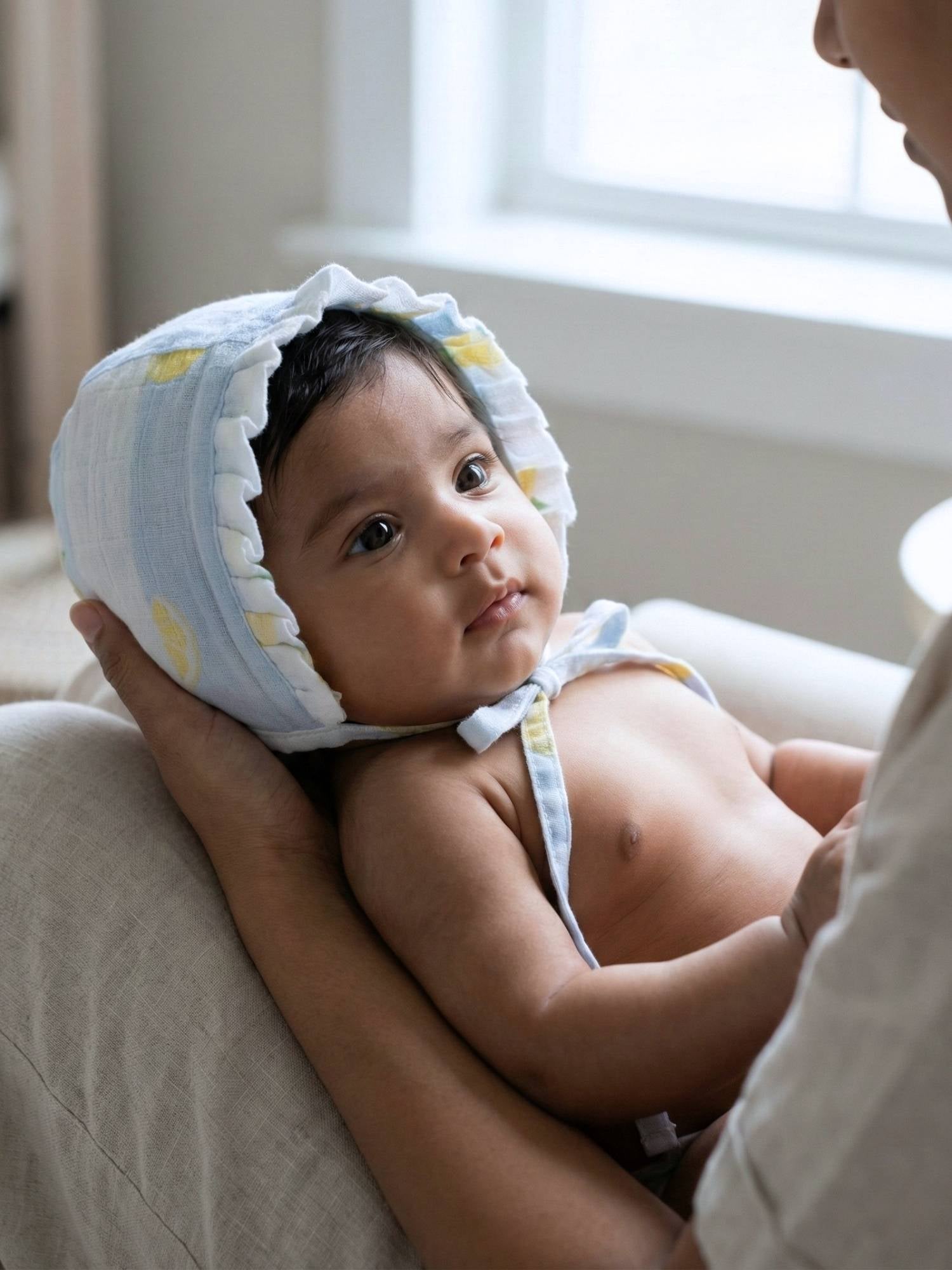newborn bamboo muslin bonnet cap - by the sea