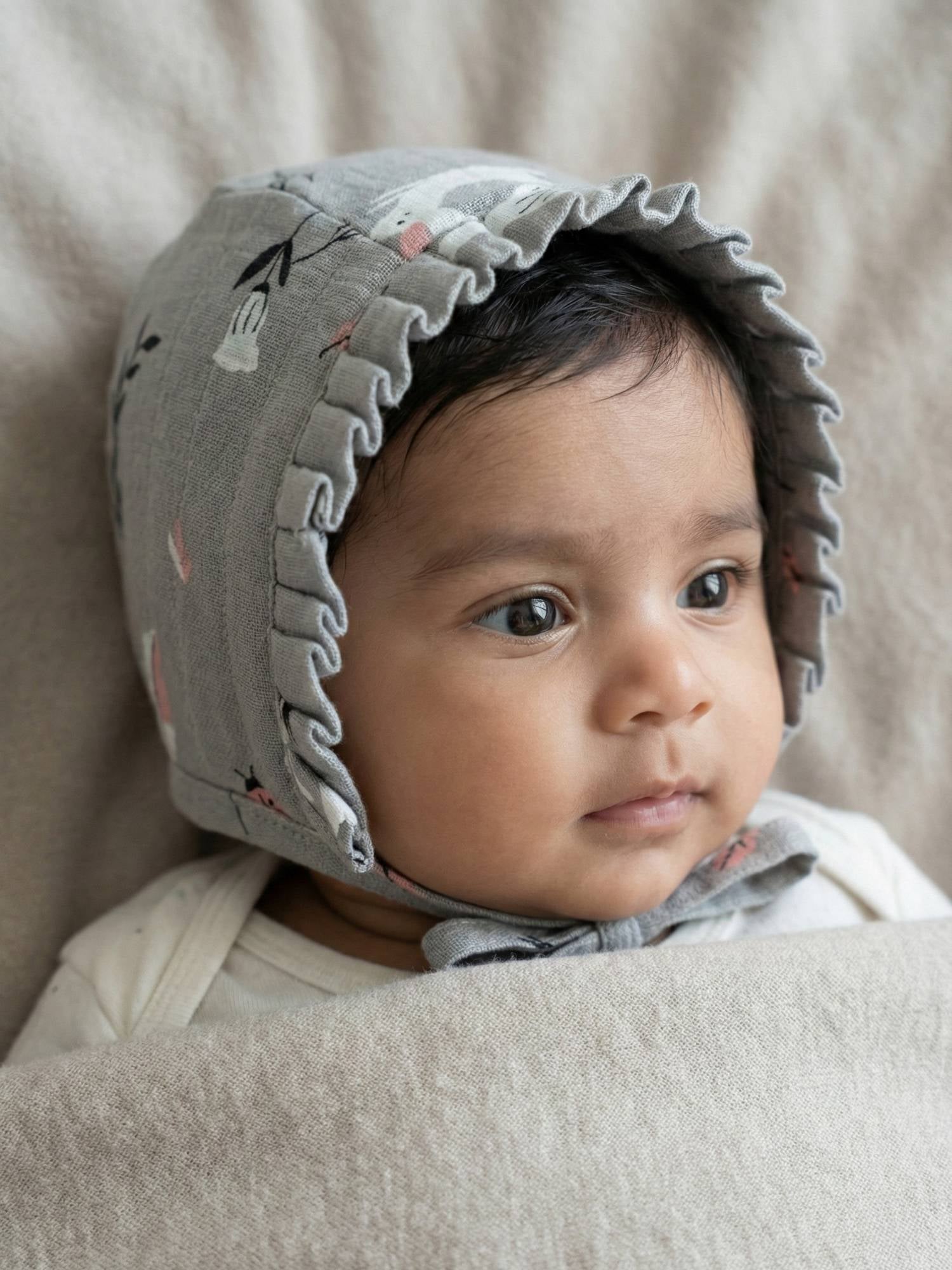 newborn bamboo muslin bonnet cap - into the wild