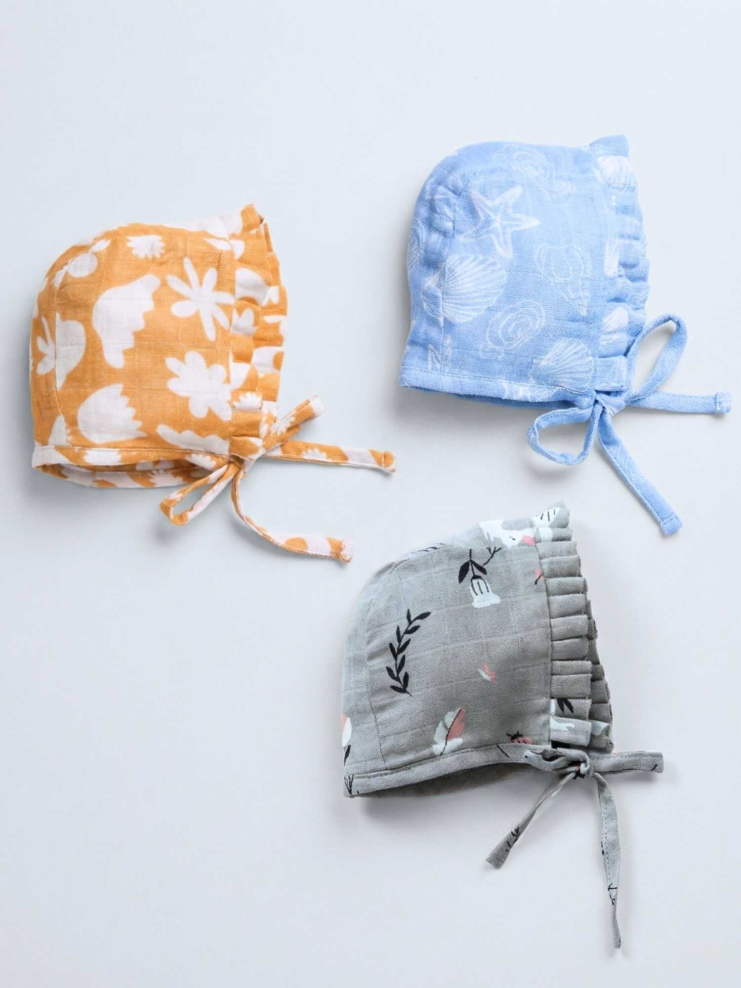 newborn bamboo muslin bonnet cap set of 3