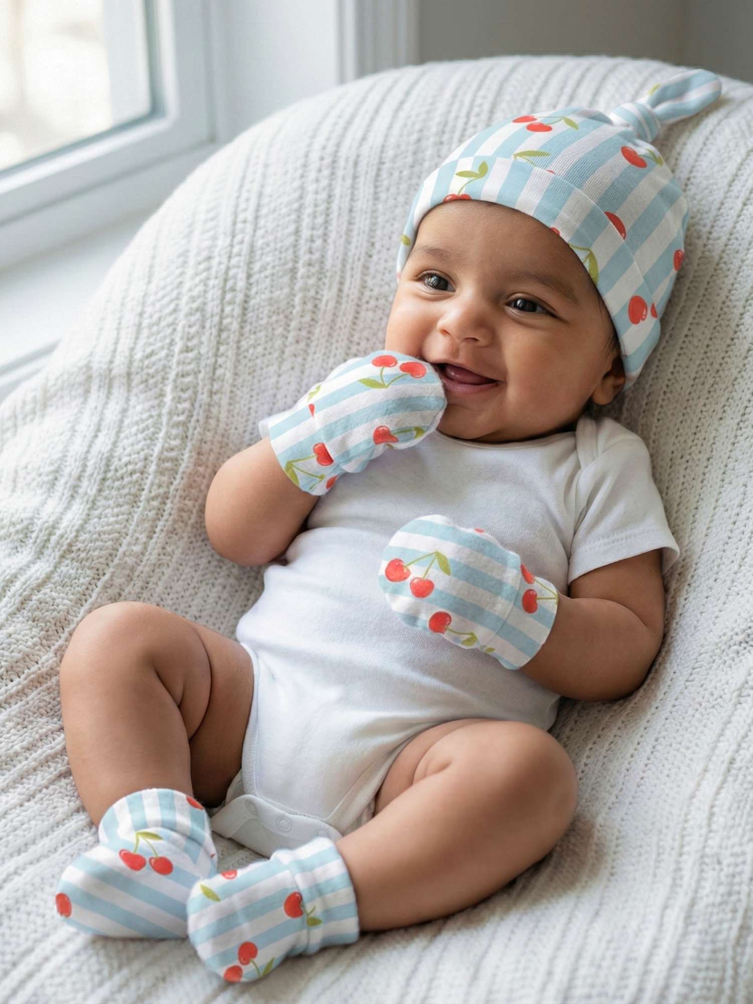 newborn baby bamboo cap mittens socks combo - prints