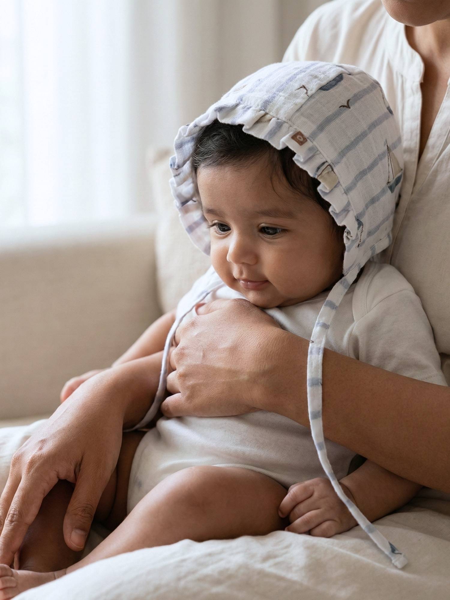 newborn bamboo muslin bonnet cap - by the sea