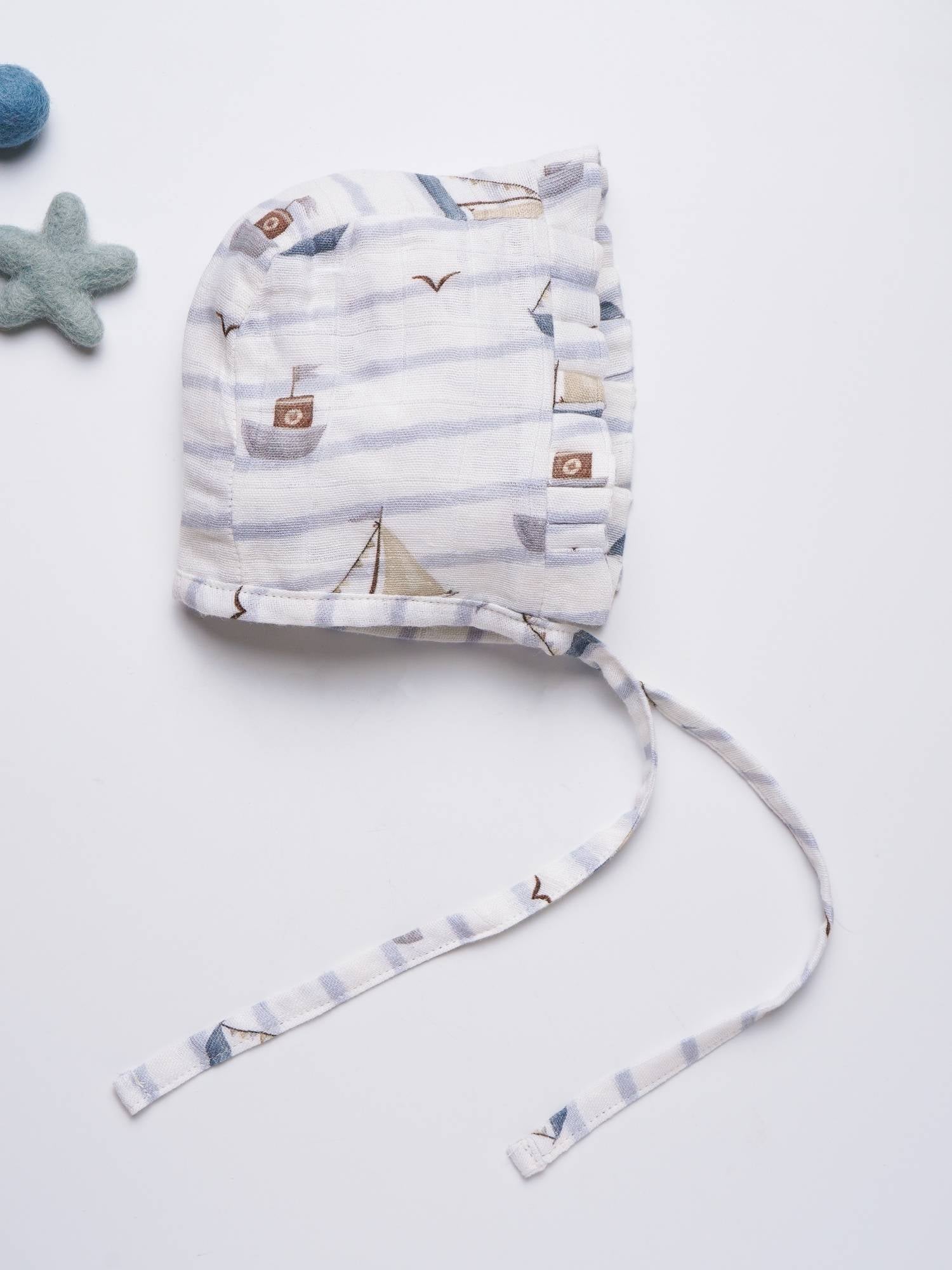 newborn bamboo muslin bonnet cap - by the sea