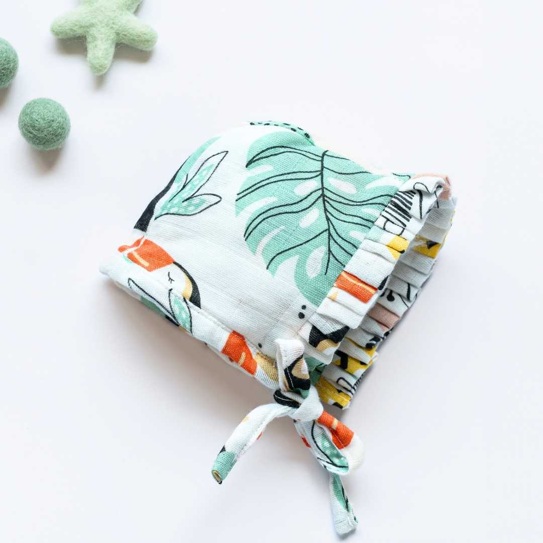 newborn bamboo muslin bonnet cap - into the wild