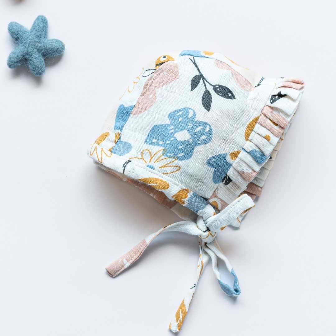 newborn bamboo muslin bonnet cap - enchanted garden