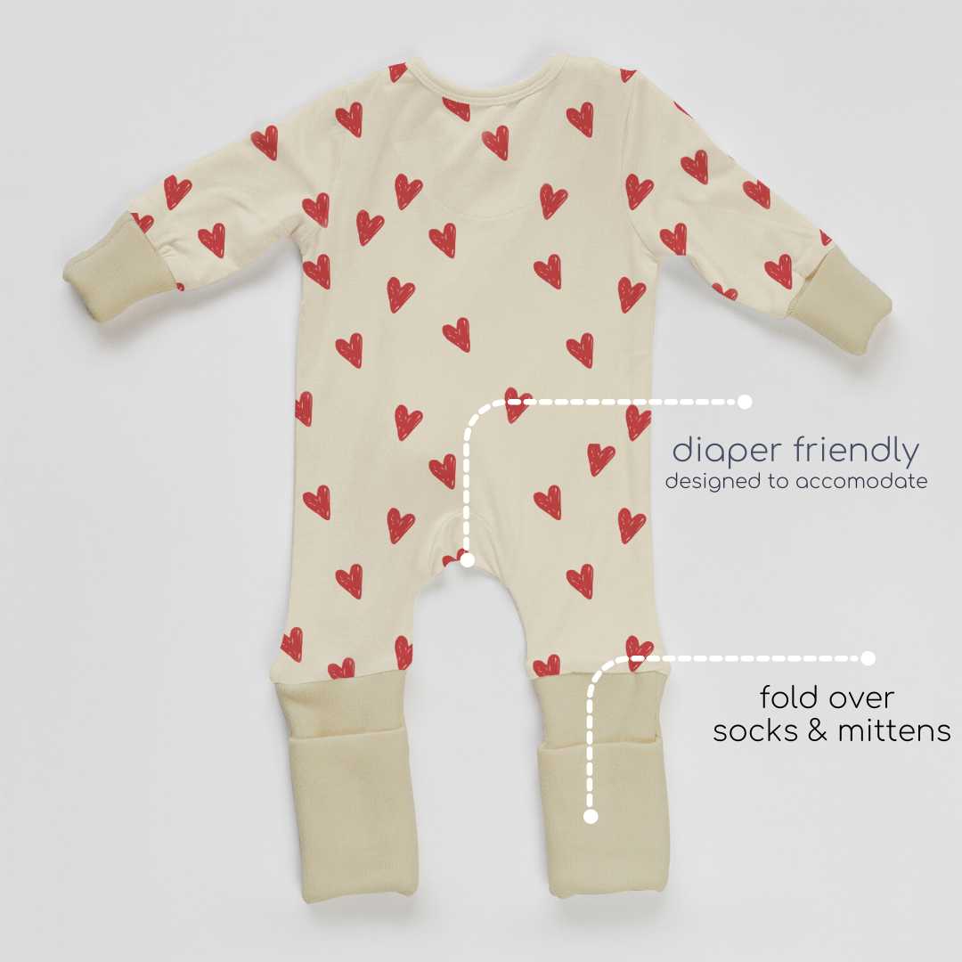 Baby_bamboo_sleepsuit_onesie_jumper_bodysuit_diaper friendly_fold over socks&mittens_red_heart_print_beige_3