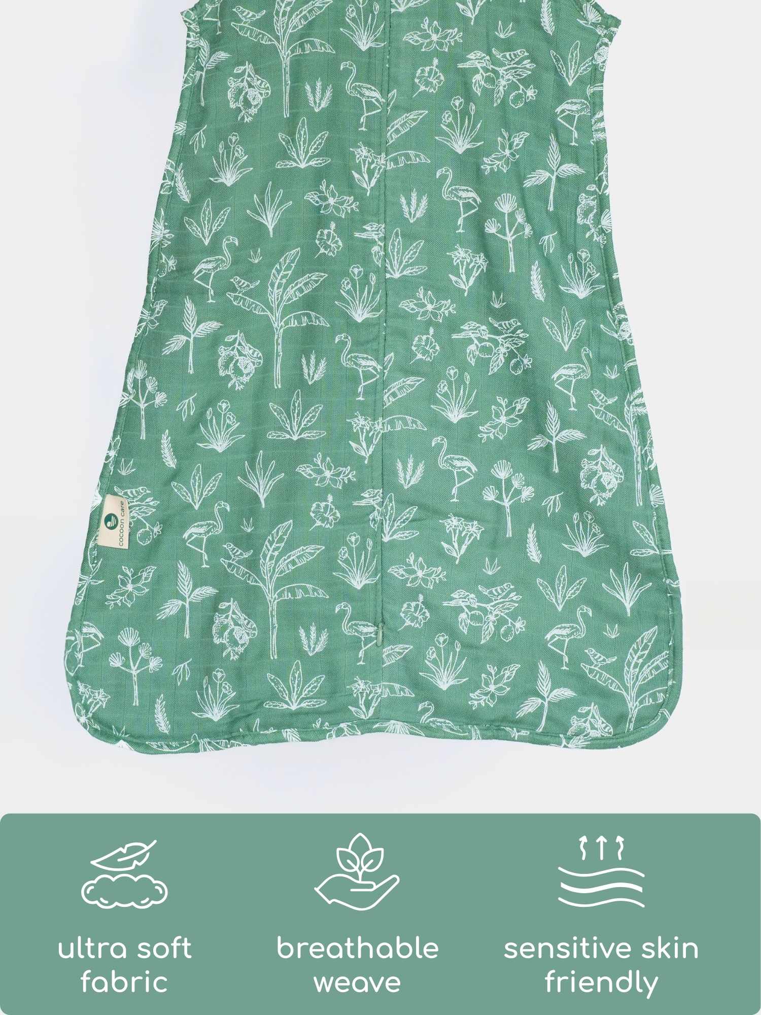 Green sleeveless bamboo muslin sleeping bag with white floral pattern cocoon care