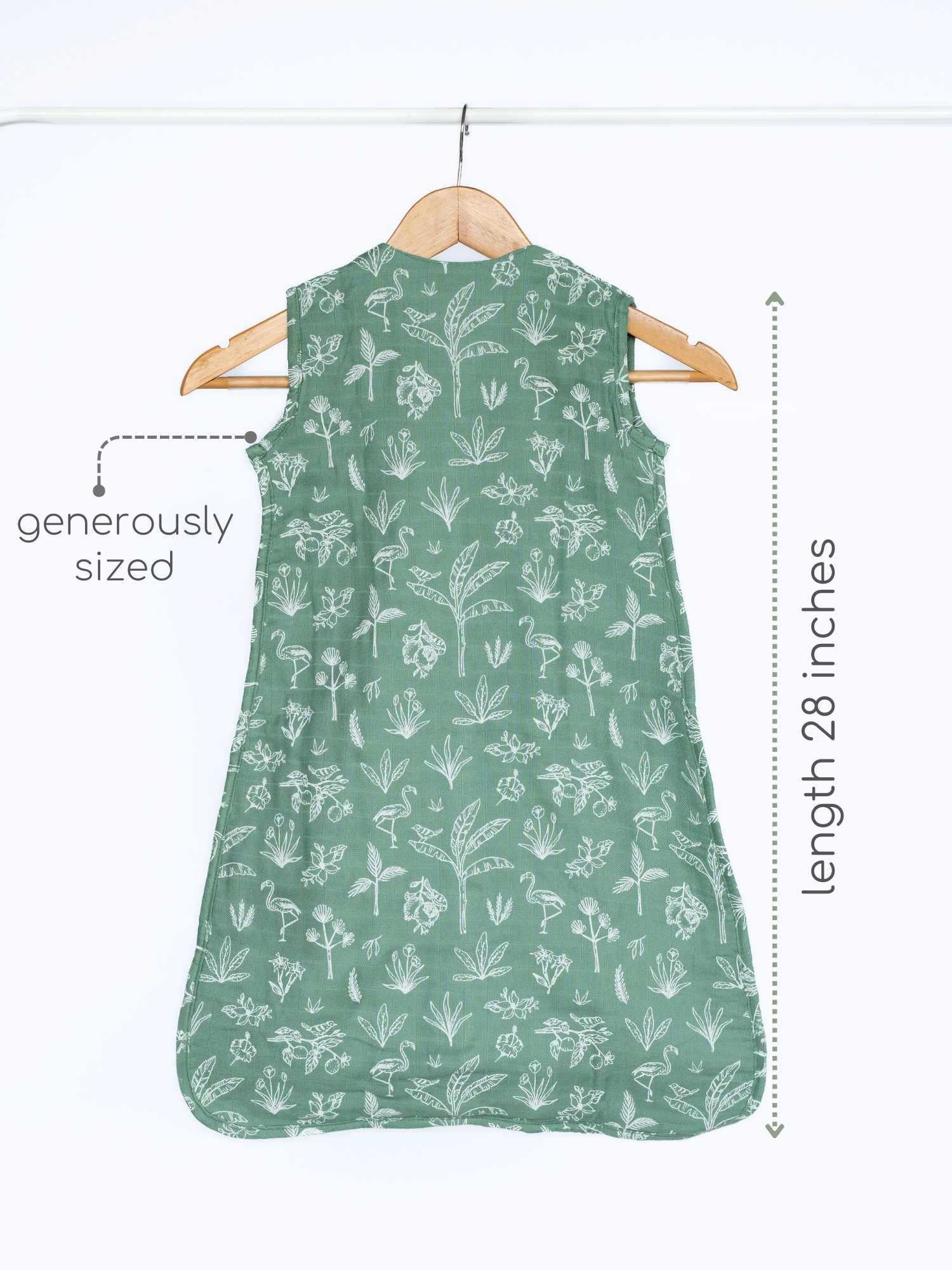 Green muslin sleeping bag with floral pattern on a hanger, length 28 inches, generously sized