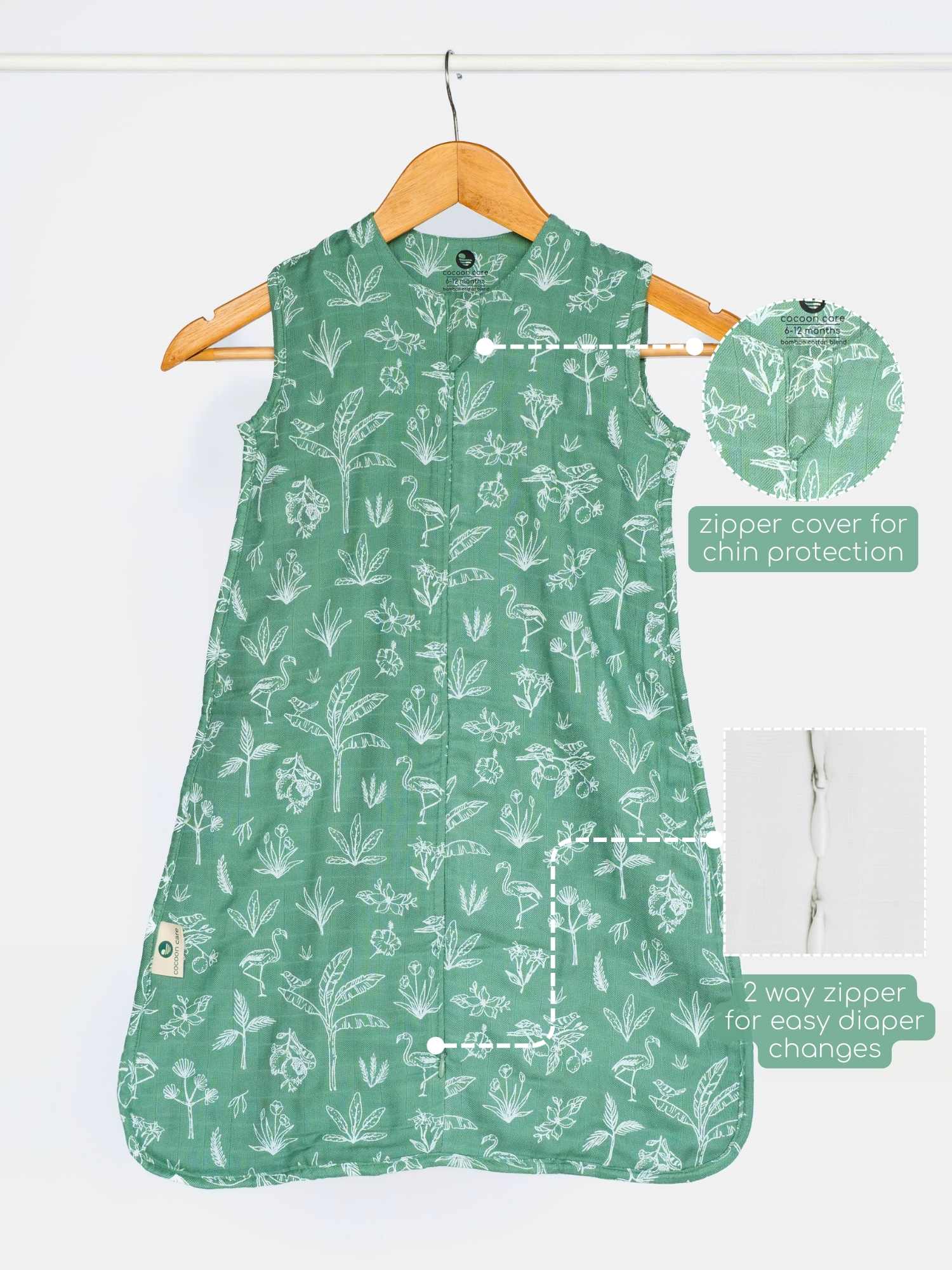 Green baby muslin sleeping bag with nature print cocoon care