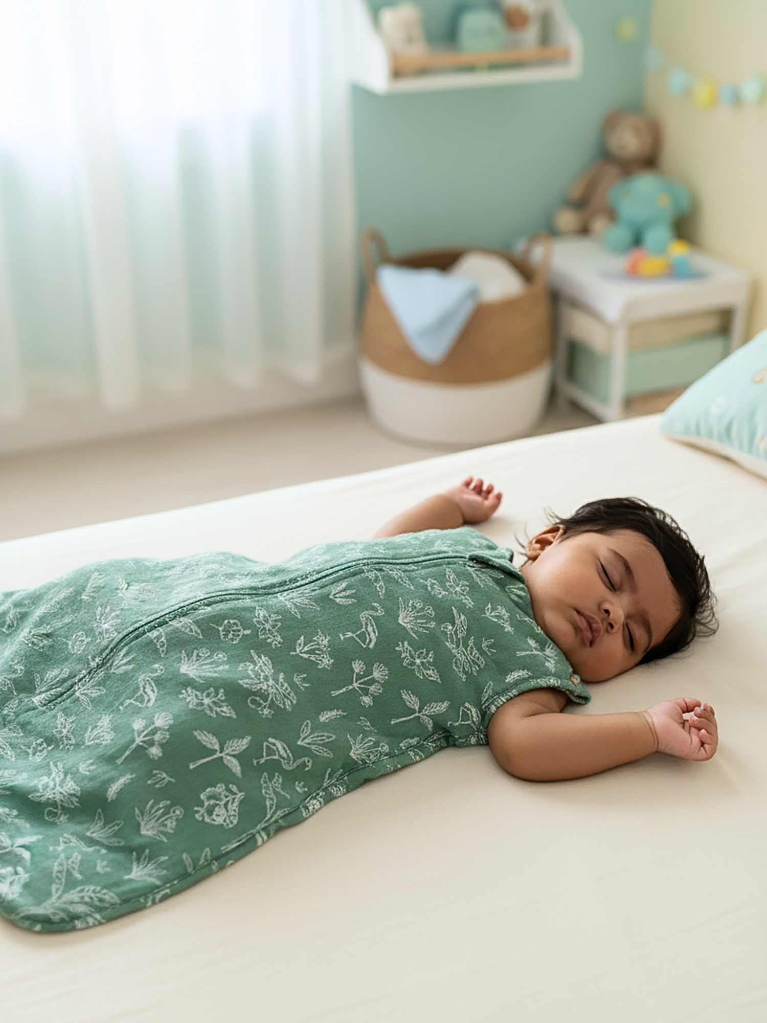 Baby sleeping in a green muslin sleeping bag swaddle from cocoon care in a cozy room with toys and furniture.