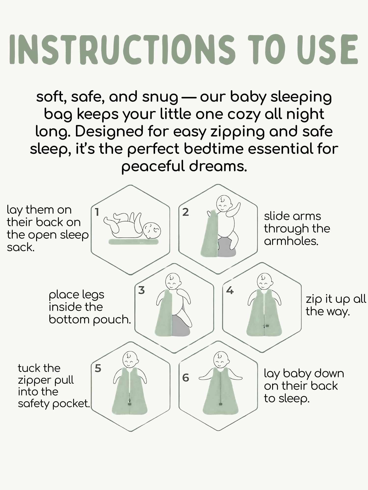 Instructions for using a baby sleeping bag with illustrations and text on a white background. cocoon care
