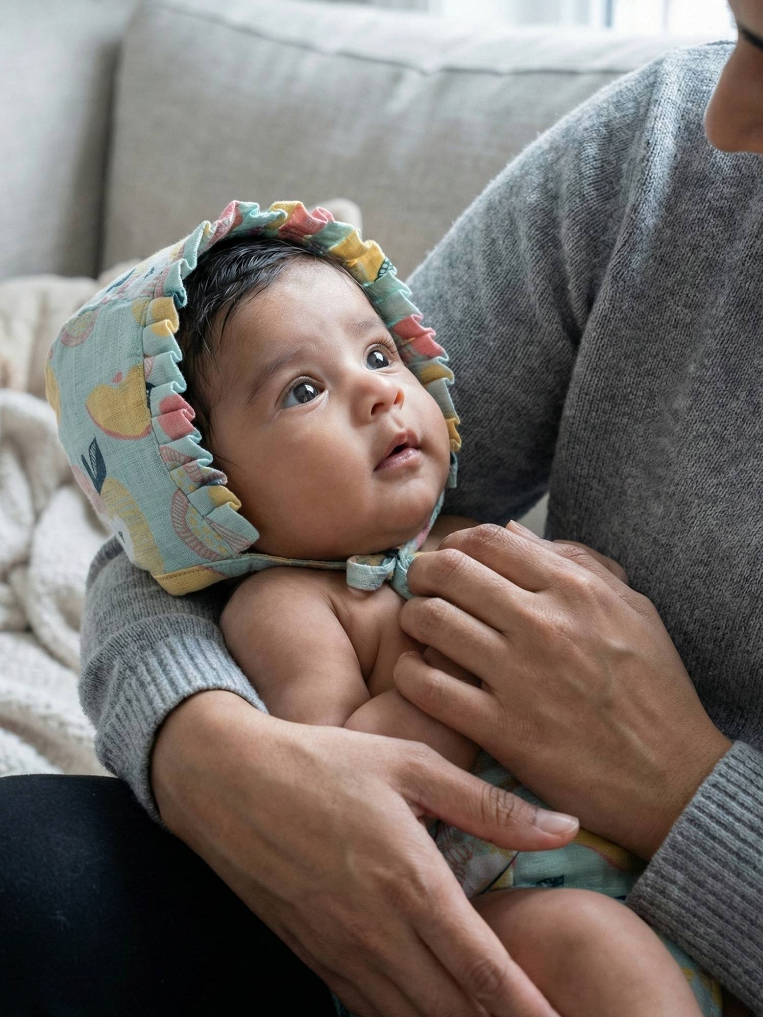 newborn bamboo muslin bonnet cap - abstract world