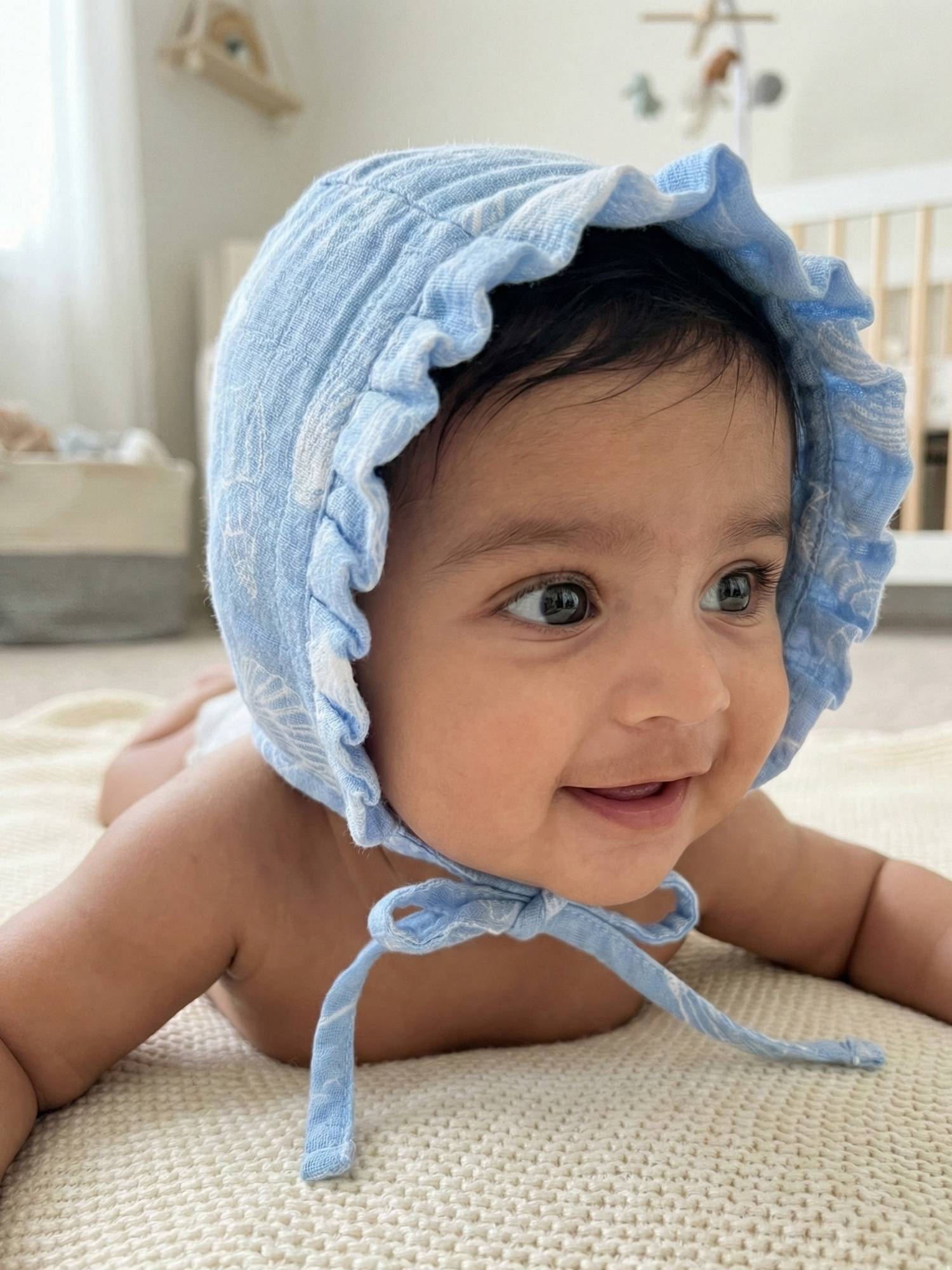 newborn bamboo muslin bonnet cap - by the sea