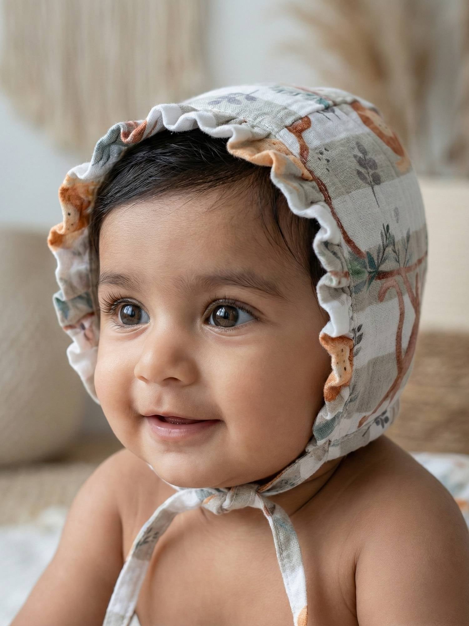 newborn bamboo muslin bonnet cap - into the wild