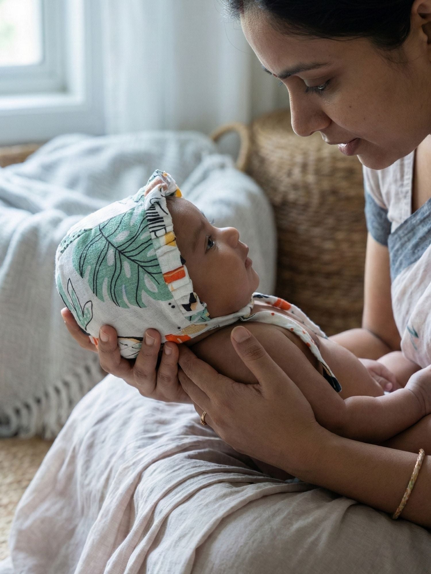 newborn bamboo muslin bonnet cap - into the wild