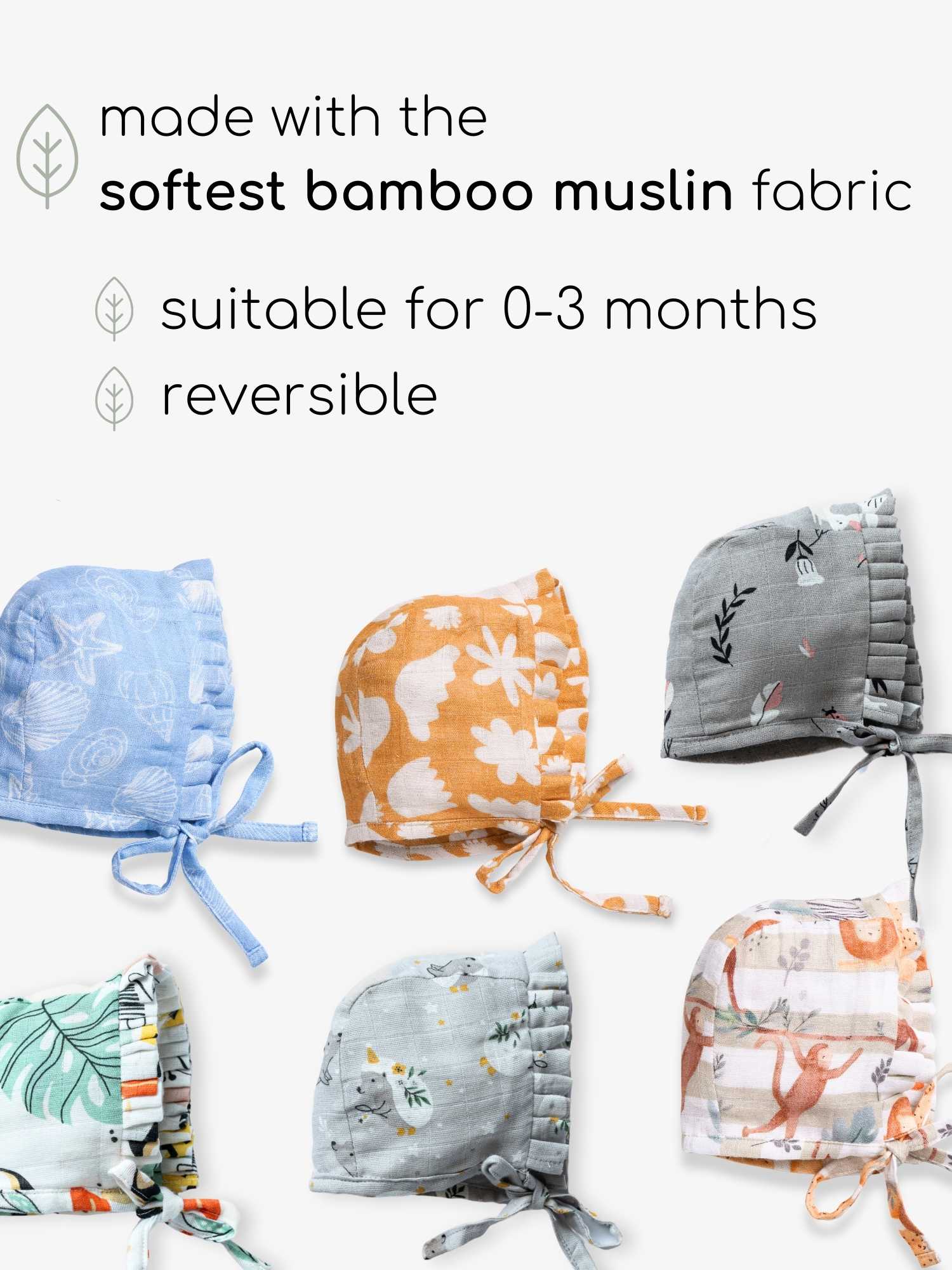 newborn bamboo muslin bonnet cap set of 3