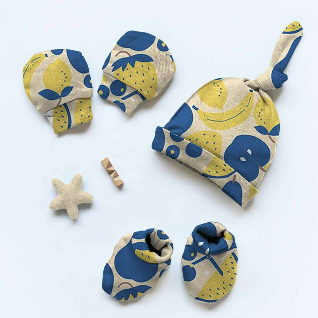 newborn baby bamboo cap mittens socks combo - prints