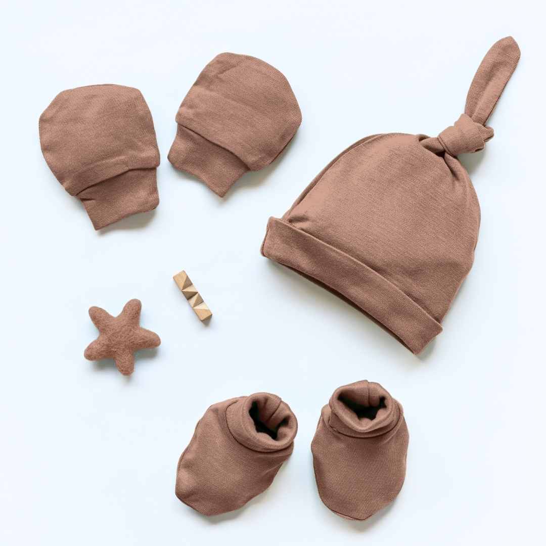 newborn baby bamboo cap mittens socks combo - solid colours