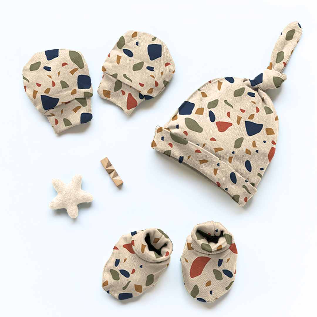 newborn baby bamboo cap mittens socks combo - prints
