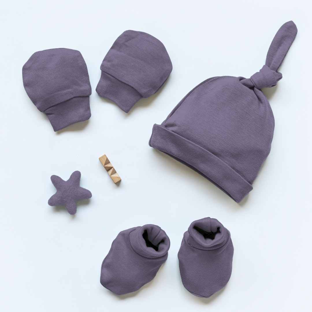 newborn baby bamboo cap mittens socks combo - solid colours