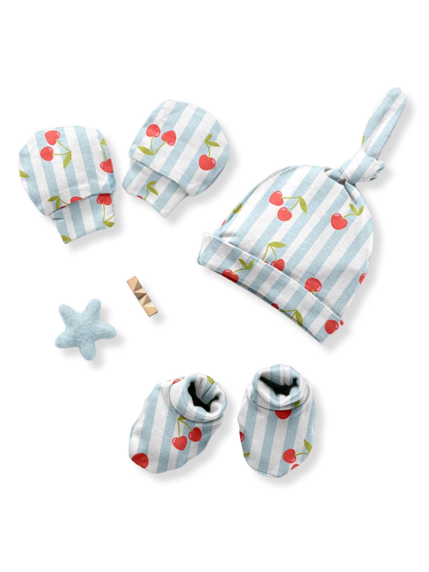 newborn baby bamboo cap mittens socks combo - prints