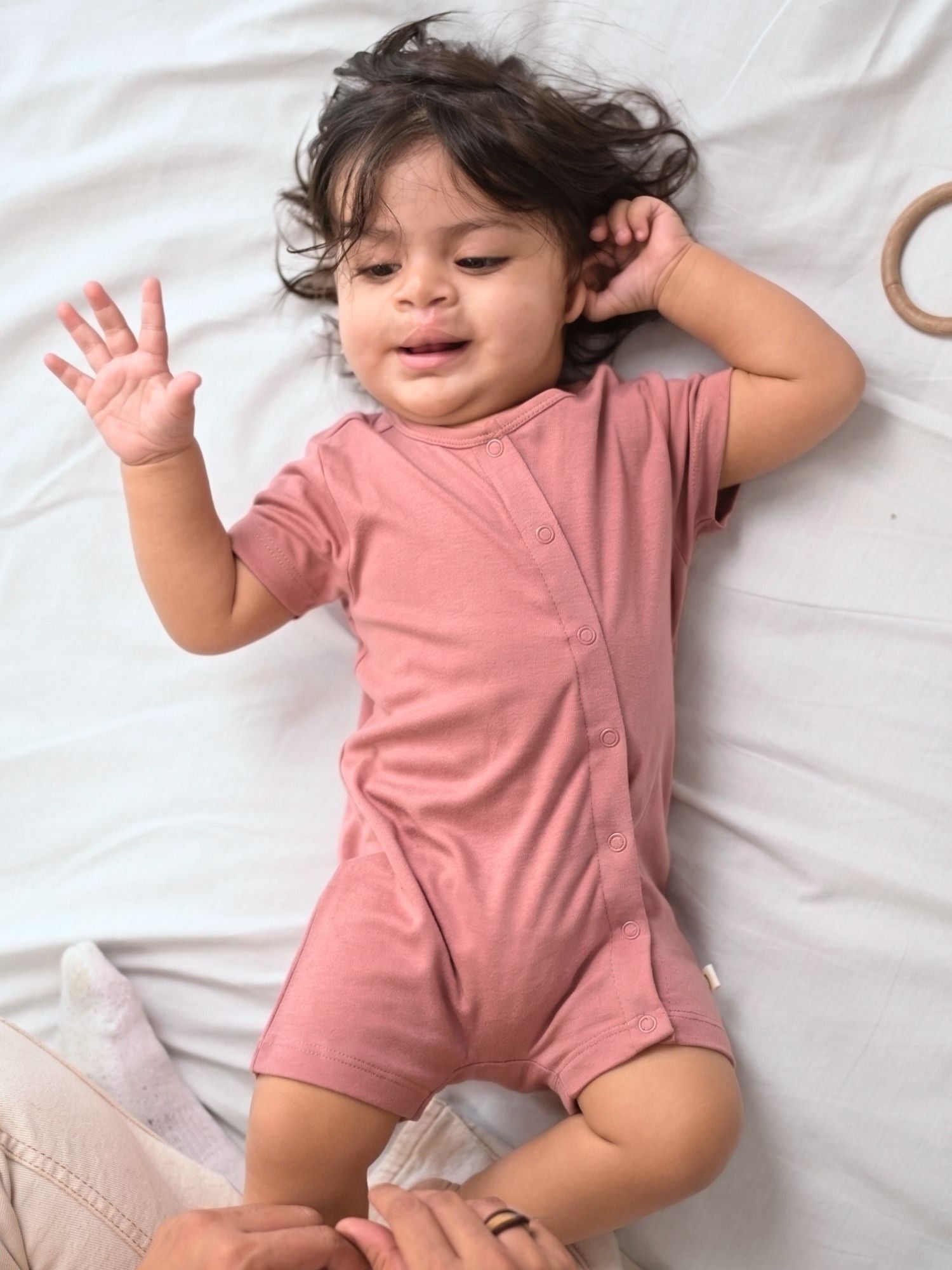 short sleeve bamboo knit romper with snap buttons