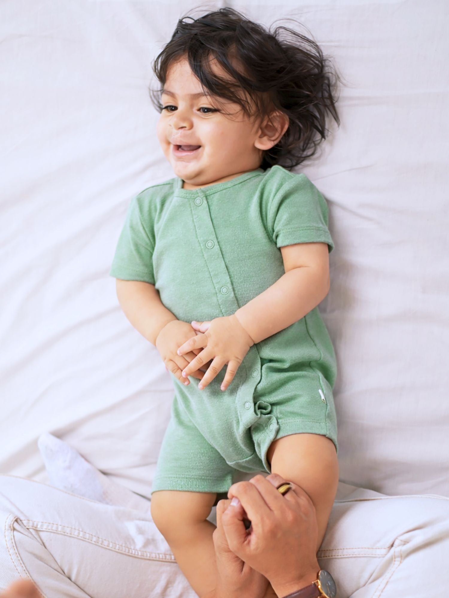 short sleeve bamboo knit romper with snap buttons