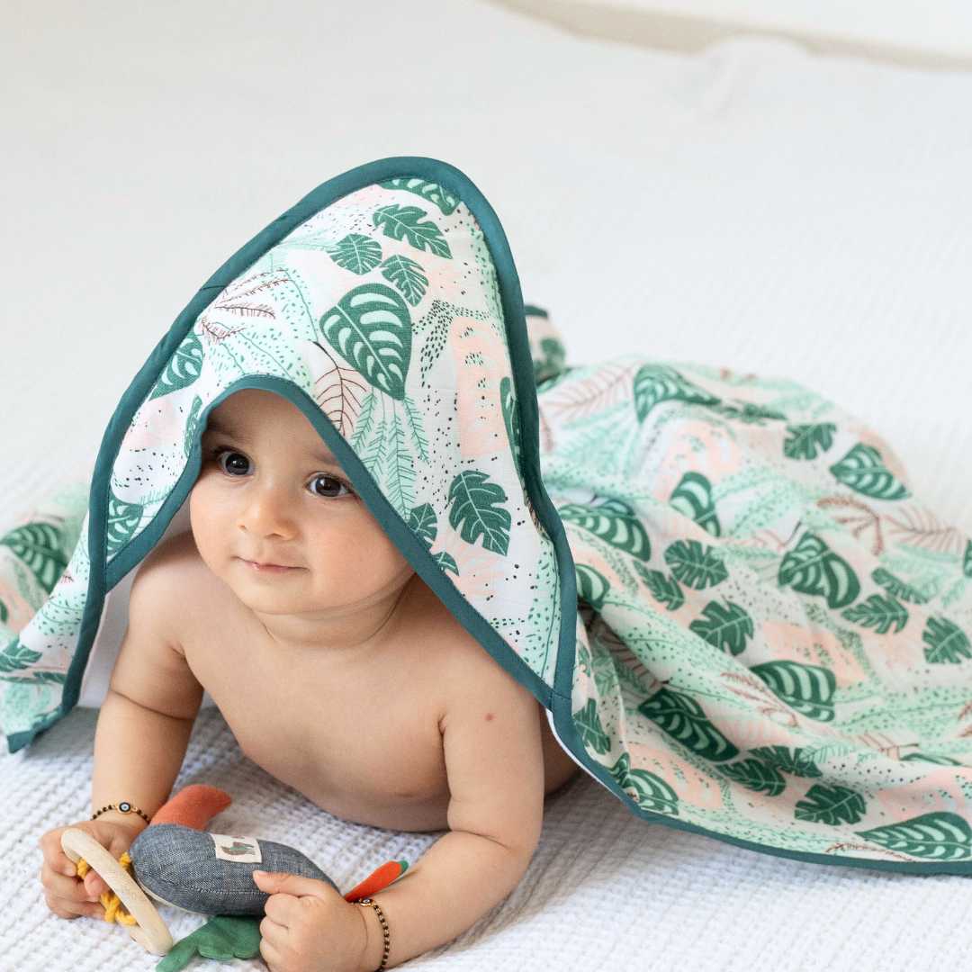 bamboo muslin + terry hooded towel - enchanted garden